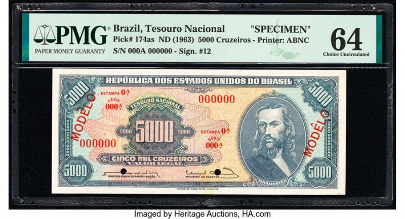 Brazil Tesouro Nacional 5000 Cruzeiros ND (1963-64) Pick 174as Specimen PMG Choi...