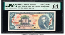 Brazil Tesouro Nacional 5000 Cruzeiros ND (1963-64) Pick 174as Specimen PMG Choice Uncirculated 64. Red & Black Modelo overprints and two POCs.

HID09...