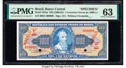 Brazil Banco Central Do Brasil 1 Cruzeiro Novo on 1000 Cruzei ND (1966-67) Pick 187as specimen PMG Choice Uncirculated 63. Red & Black Modelo overprin...
