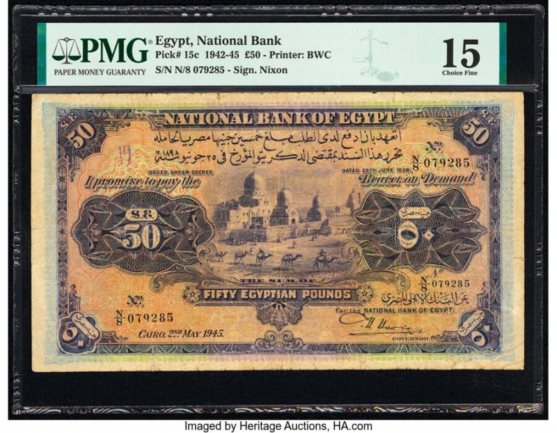 Egypt National Bank of Egypt 50 Pounds 2.5.1945 Pick 15c PMG Choice Fine 15. Min...