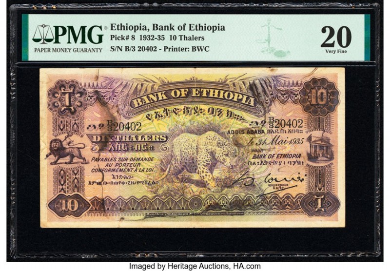 Ethiopia Bank of Ethiopia 10 Thalers 31.5.1935 Pick 8 PMG Very Fine 20. Stained....
