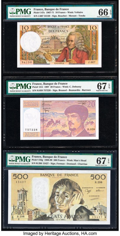 France Banque de France 10; 20; 500 Francs 1971; 1997; 1989 Pick 147c; 151i; 156...