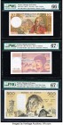 France Banque de France 10; 20; 500 Francs 1971; 1997; 1989 Pick 147c; 151i; 156g Three Examples PMG Superb Gem Unc 67 EPQ (2); Gem Uncirculated 66 EP...
