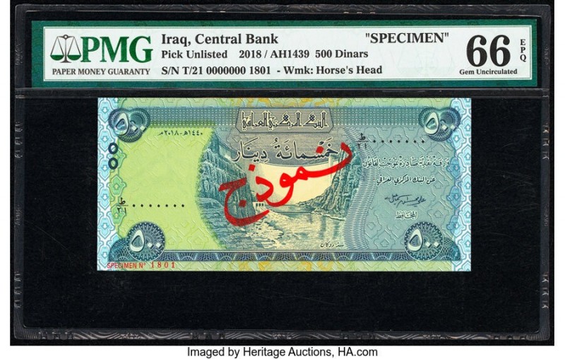 Iraq Central Bank of Iraq 500 Dinars 2018 / AH1439 Pick UNL Specimen PMG Gem Unc...