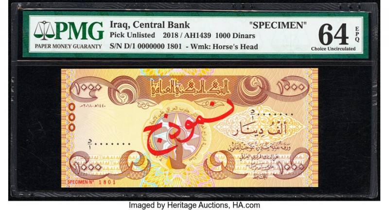 Iraq Central Bank of Iraq 1000 Dinars 2018 / AH1439 Pick UNL Specimen PMG Choice...