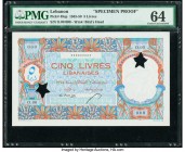 Lebanon Banque de Syrie et du Liban 5 Livres 1945 Pick 49sp Specimen Proof PMG Choice Uncirculated 64. Punch hole cancelled.

HID09801242017

© 2020 H...