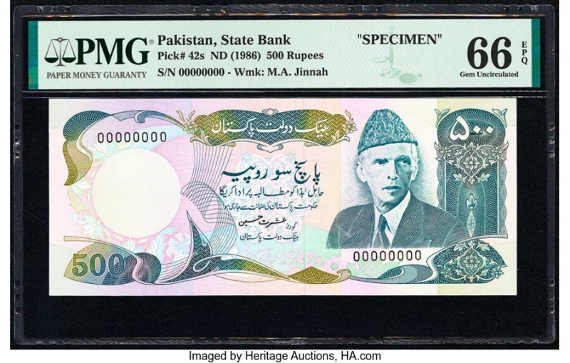 Pakistan State Bank of Pakistan 500 Rupees ND (1986) Pick 42s Specimen PMG Gem U...