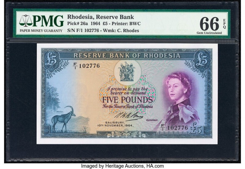 Rhodesia Reserve Bank of Rhodesia 5 Pounds 10.11.1964 Pick 26a PMG Gem Uncircula...