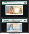 Saint Pierre and Miquelon Caisse Centrale de la France d'Outre-Mer 10 Francs ND (1950-60) Pick 23 PMG Gem Uncirculated 66 EPQ; Tahiti Banque de l'Indo...