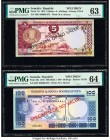 Somalia Somali National Bank 5 Shilin = 5 Shillings; 100 Shillin = 100 Shillings 1975 Pick 17s; 20s Two Specimen PMG Choice Uncirculated 63; Choice Un...
