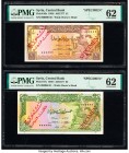 Syria Central Bank of Syria 1; 5 Pounds 1958 / AH1377 Pick 86s; 87s Two Specimen PMG Uncirculated 62 (2). Red overprints and previous mounting on both...