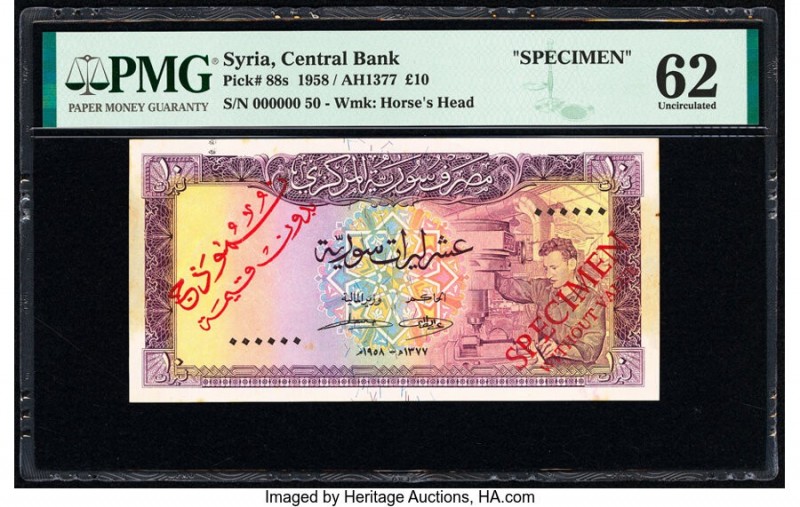 Syria Central Bank of Syria 10 Pounds 1958 / AH1377 Pick 88s Specimen PMG Uncirc...