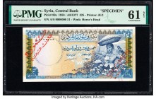 Syria Central Bank of Syria 25 Pounds 1958 / AH1377 Pick 89s Specimen PMG Uncirculated 61 Net. Red overprints and previous mounting.

HID09801242017

...