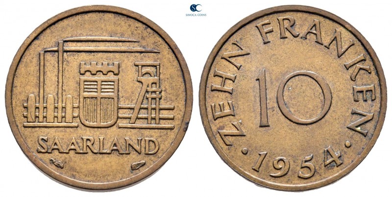 Germany. Saarland. AD 1954.
10 Franken

20 mm, 3,04 g



very fine