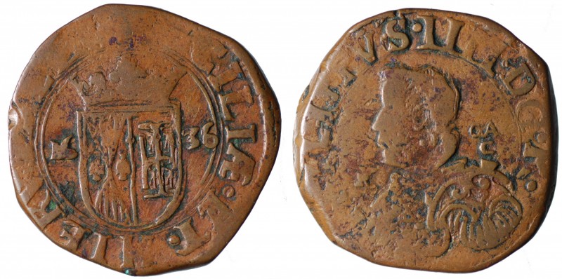 Regno di Napoli. Filippo IV (1621-1665) Grano 1636. AE gr.10,14 qBB
