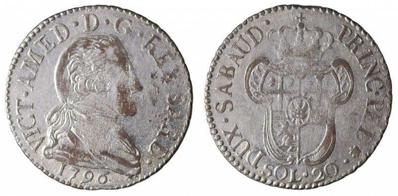 Savoia. Vittorio Amedeo III. 20 soldi 1796 Mi gr. 5,02. SPL con buona parte di a...