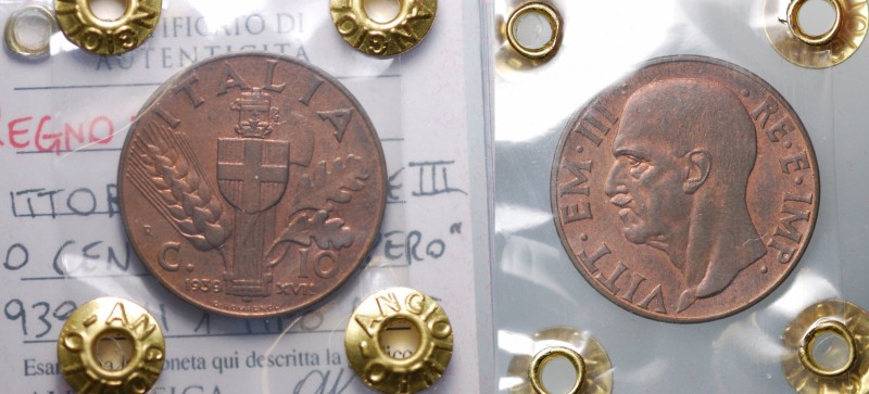 Vittorio Emanuele III. 10 centesimi 1939 XVII 1°tipo CU. Periziata Angiolillo qF...