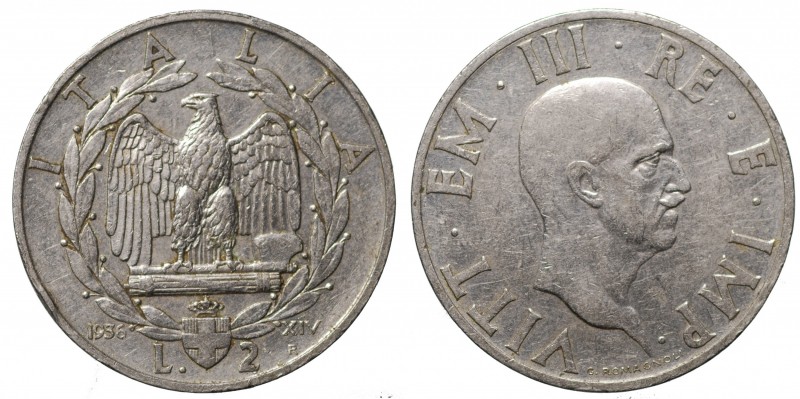 Vittorio Emanuele III. 2 lire 1936 Roma. Rif. Gig.118 Rara BB *colpo al bordo