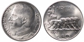 Vittorio Emanuele III. 50 centesimi 1920 LEONI contorno liscio. qFDC