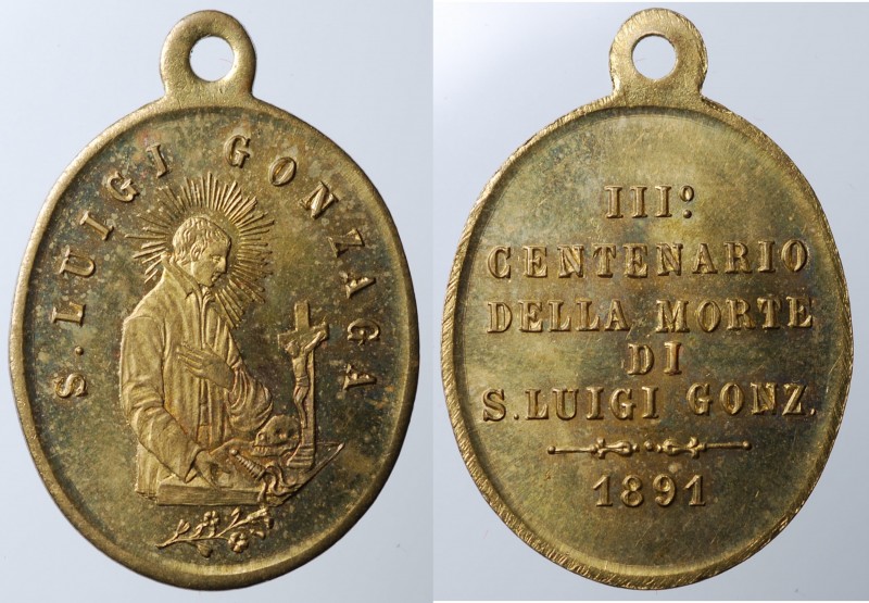 San Luigi Gonzaga. Medaglia religiosa 3° centenario della morte 1891. AE dorato ...