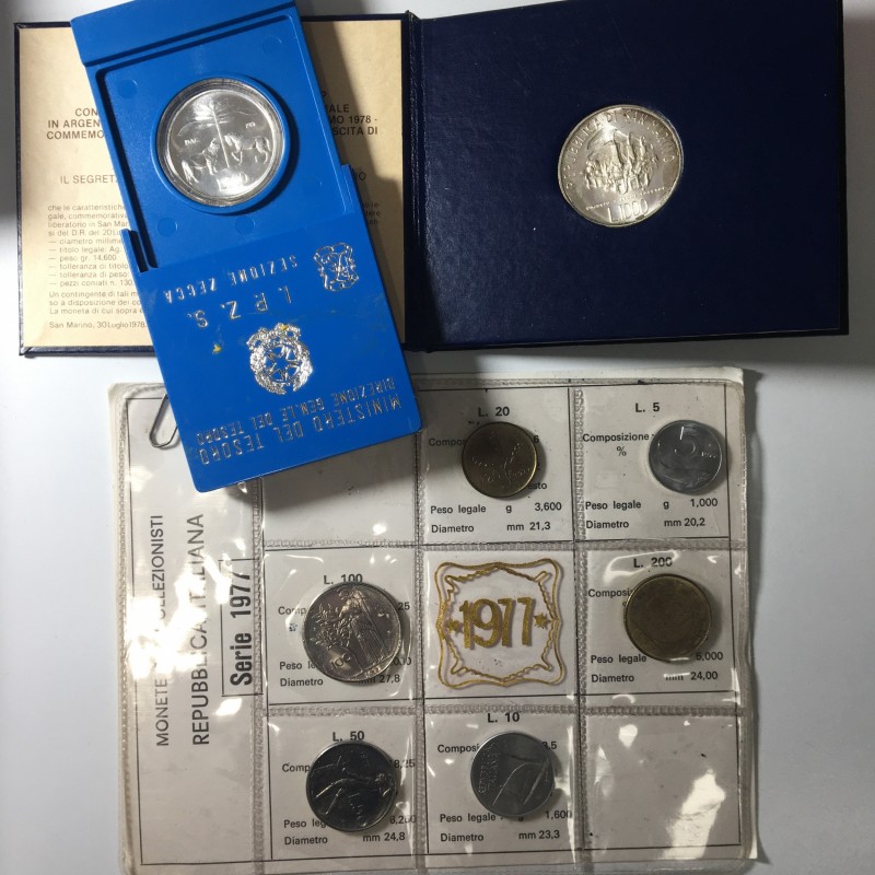 Monete varie. Italia 500 lire 1981 AG, serie di monete fdc 1977, San Marino 1000...