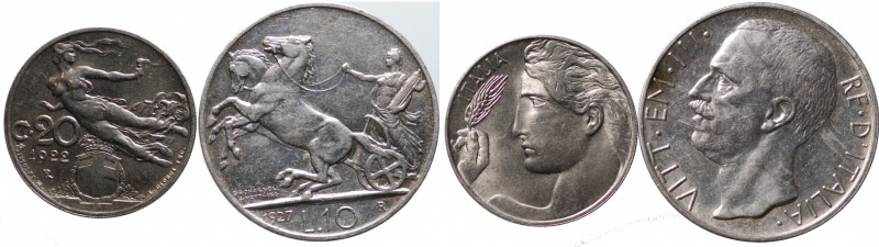 Regno d'Italia. Vittorio Emanuele III. Lotto di 2 monete (20 centesimi 1922, 19 ...