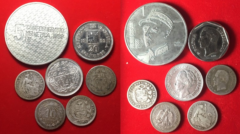 World Coins. Lotto di 7 monete mondiali con argenti (Peru, Messico, Francia, ecc...