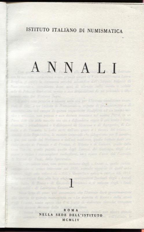 ANNALI dell’ISTITUTO ITALIANO DI NUMISMATICA - N 1. Roma, 1954. Pp. 242, tavv. 9...