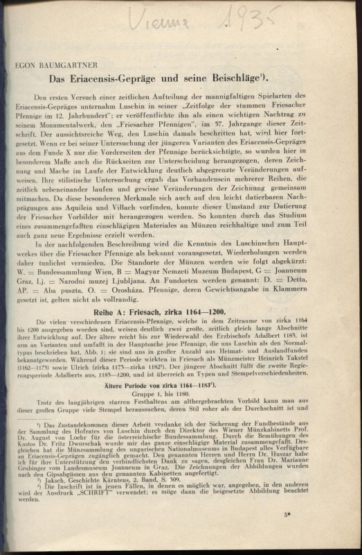 BAUMGARTNER E. - Das Eriacensis-geprage und seine Beischlage?. Vienna, 1935. Pp....