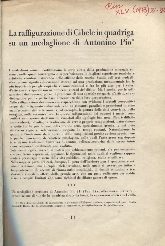 BELLONI G. – La raffigurazione di Cibele in quadriga su un medaglione di Antonin...