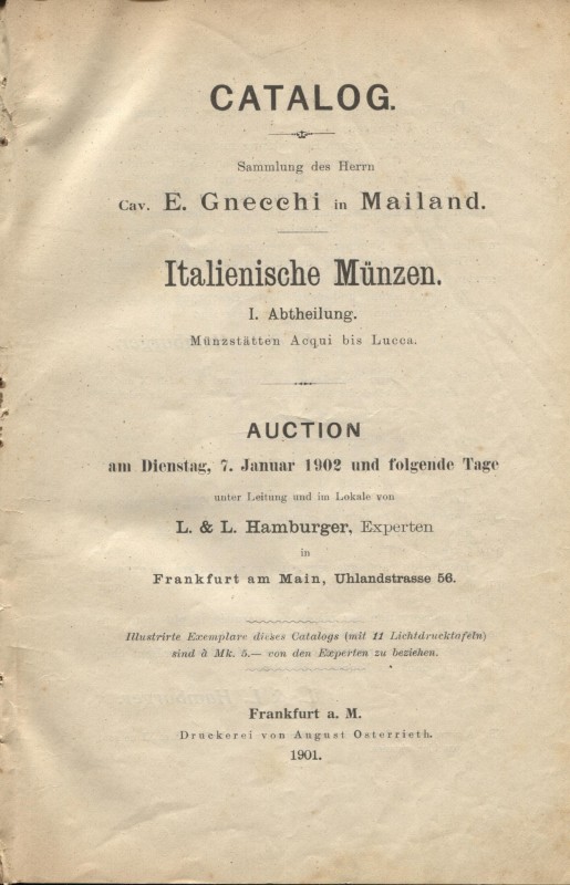 HAMBURGER L.&L. - Catalog sammlung E. Gnecchi. Frankfurt a Main, 1901 /1902. Pp....