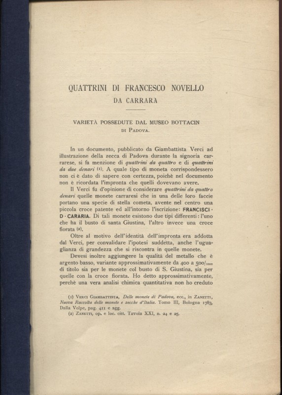 RIZZOLI L. – Quattrini di Francesco Novello da Carrara. Varieta possedute dla Mu...