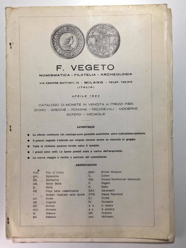Vegeto F. Milano, aprile 1964. Listino di vendita, con tavole b/n, scritte inter...