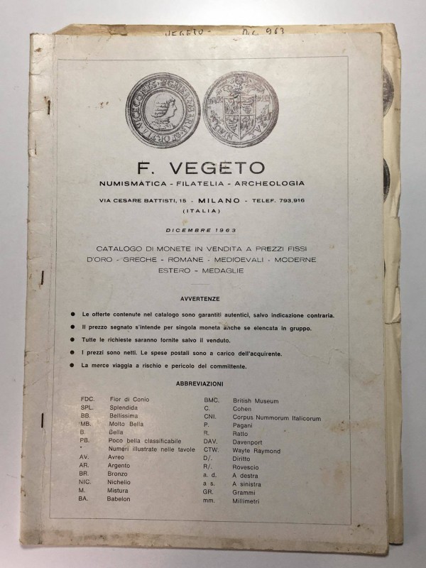 Vegeto F. Milano, Dicembre 1963. Listino di vendita, con tavole b/n, scritte int...