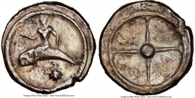 CALABRIA. Tarentum. Ca. 480-450 BC. AR didrachm (18mm, 7.57 gm). NGC XF 5/5 - 2/5, smoothing. TAP, Taras astride dolphin left, right hand outstretched...