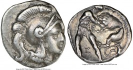 CALABRIA. Tarentum. Ca. 380-280 BC. AR diobol (12mm, 3h). NGC Choice VF. Head of Athena right, wearing crested Attic helmet / TAPAΣ, Hercules kneeling...