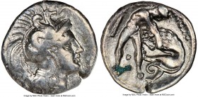 CALABRIA. Tarentum. Ca. 380-280 BC. AR diobol (13mm, 1h). NGC VF. Head of Athena right, wearing crested Attic helmet decorated with hippocamp / Hercul...