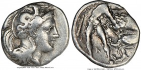 CALABRIA. Tarentum. Ca. 380-280 BC. AR diobol (12mm, 6h). NGC VF. Ca. 325-280 BC. Head of Athena right, wearing crested Attic helmet decorated with fi...