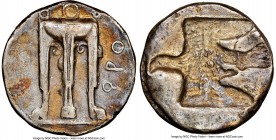 BRUTTIUM. Croton. Ca. 480-430 BC. AR stater or nomos (19mm, 7.79 gm, 2h). NGC XF 5/5 - 3/5, edge chip. ϘPO, ornamented sacrificial tripod, legs termin...