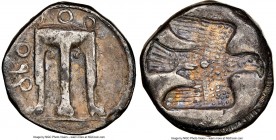 BRUTTIUM. Croton. Ca. 480-430 BC. AR stater or nomos (17mm, 7.68 gm, 3h). NGC VF 5/5 - 3/5. ϘPO, ornamented sacrificial tripod, legs terminating in le...