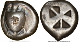 SARONIC ISLANDS. Aegina. Ca. 525-480 BC. AR stater (19mm, 11.97). NGC VF 4/5 - 2/5, countermarks, scratches. Sea turtle, viewed from above, head turne...