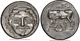MYSIA. Parium. Ca. 4th century BC. AR hemidrachm (14mm, 4h). NGC AU. Head of Gorgoneion facing, tongue protruding below upper row of teeth, coiled sna...