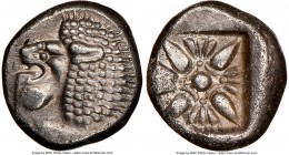 IONIA. Miletus. Ca. late 6th-5th centuries BC. AR 1/12 stater or obol (9mm). NGC Choice AU. Milesian standard. Forepart of roaring lion right, head re...