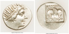 CARIAN ISLANDS. Rhodes. Ca. 88-84 BC. AR drachm (15mm, 2.14 gm, 12h). About XF. Plinthophoric standard, Callixei(nos), magistrate. Radiate head of Hel...