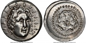 CARIAN ISLANDS. Rhodes. Ca. 40 BC-AD 25. AR drachm (20mm, 4.07 gm, 6h). NGC Choice AU 5/5 - 4/5, brushed. Radiate head of Helios facing, turned slight...