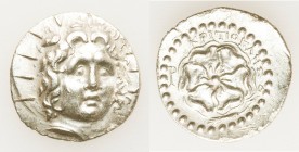 CARIAN ISLANDS. Rhodes. Ca. 84-30 BC. AR drachm (19mm, 4.01 gm, 6h). XF, scuff, edge bend. Critocles, magistrate. Radiate head of Helios facing, turne...