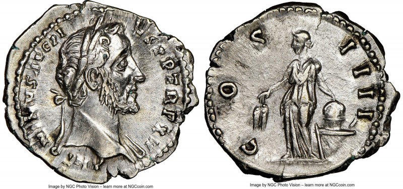 Antoninus Pius (AD 138-161). AR denarius (19mm, 6h). NGC AU. Rome, 147-148. ANTO...