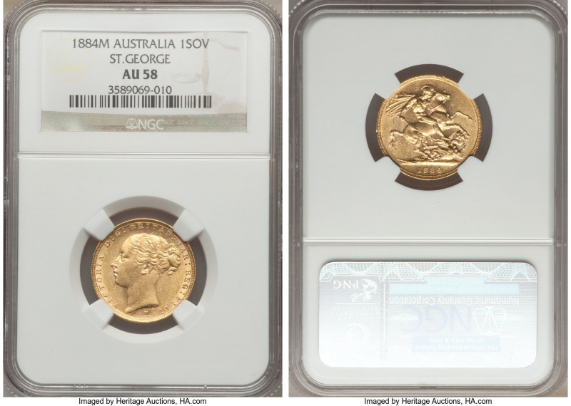 Victoria gold "St. George" Sovereign 1884-M AU58 NGC, Melbourne mint, KM7. AGW 0...