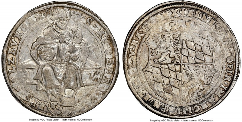 Salzburg. Ernst von Bayern Guldiner 1553 AU53 NGC, Dav-8168. Scarce type, genero...