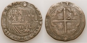 Philip II Pair of Uncertified Cob 8 Reales ND (1556-1598) VF (Holed), 1) 8 Reales ND (1556-1598), 39.5mm. 25.04gm 2) 8 Reales ND (1556-1598), 38.8mm. ...